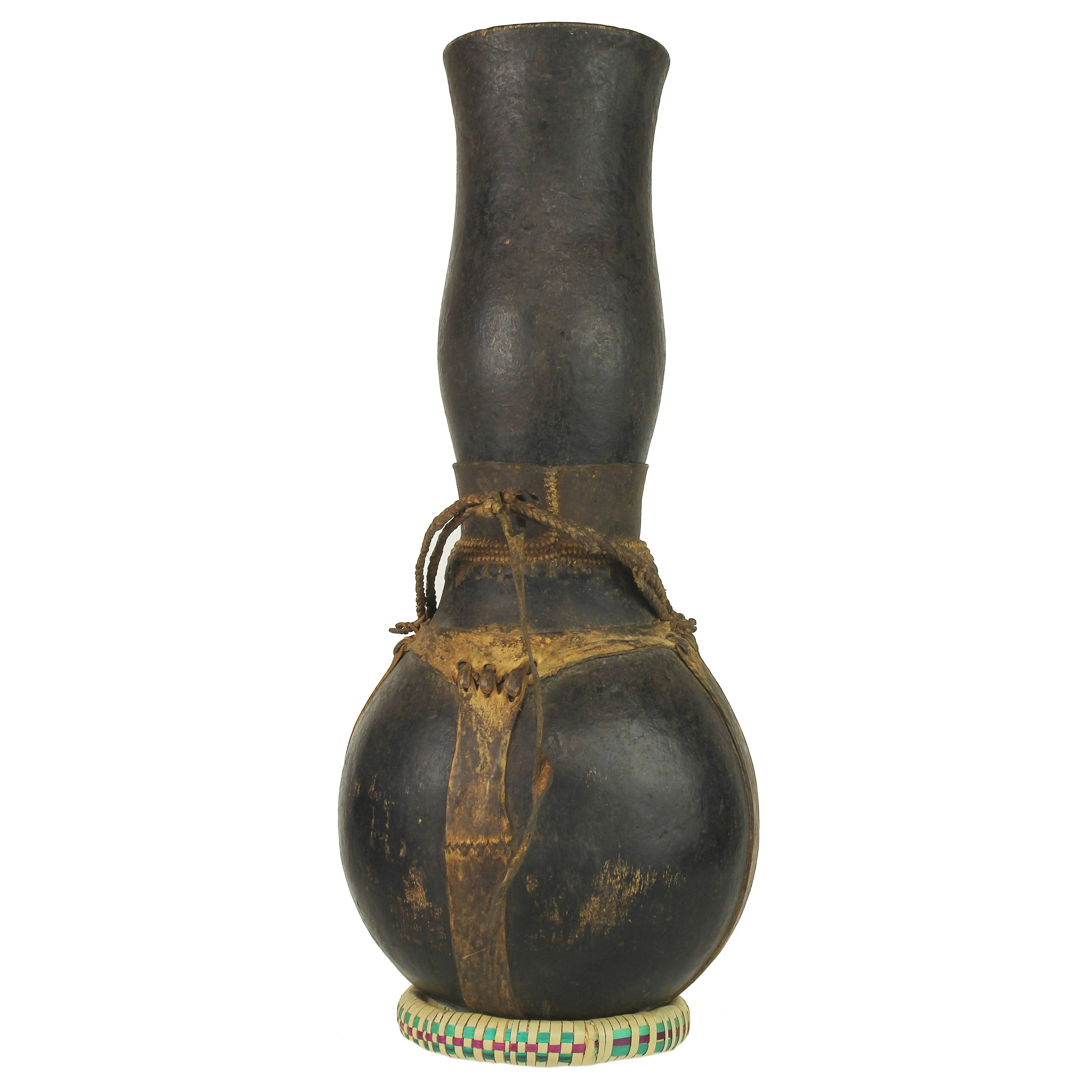 Vintage Wooden & Leather Milk Vessel from Congo, Africa | 18.5"