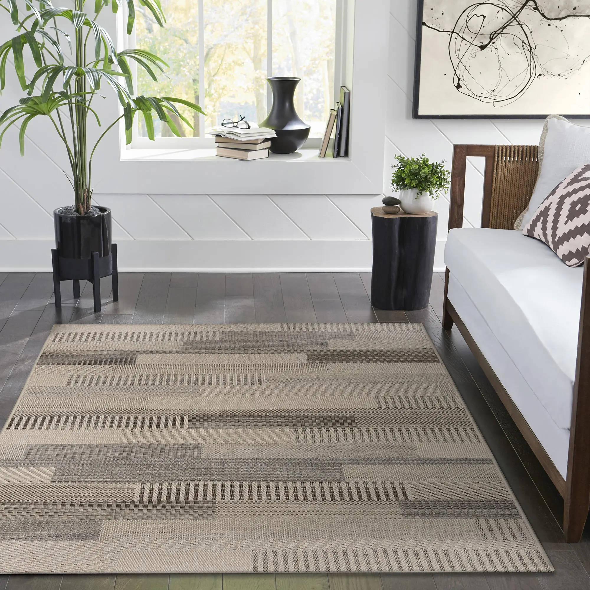 Lush Decor Riviera Indoor/Outdoor Power Loomed Low Profile Polypropylene Flatweave Area Rug - Contemporary Geometric Blocks, UV Protection, Home Office Use