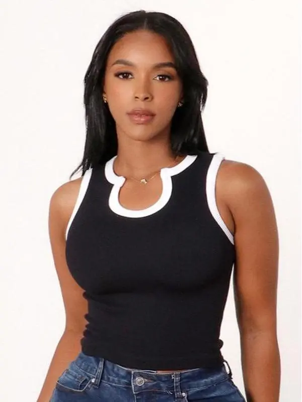 Itaty Solid Color Biding U-neck Cropped Tank Top