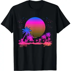 Cotton Short Sleeve Sunset Palm Trees Retro 80S Aesthetic 90S Art Vaporwave T-Shirt For Men Women