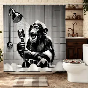 1PC Monkey Singing Shower Curtain Fun Bathroom Decor for Bathtub Bedroom Changing Room Dry Wet Separation Temporary Partition Space Bathroom shower curtain polyester shower curtain with hooks