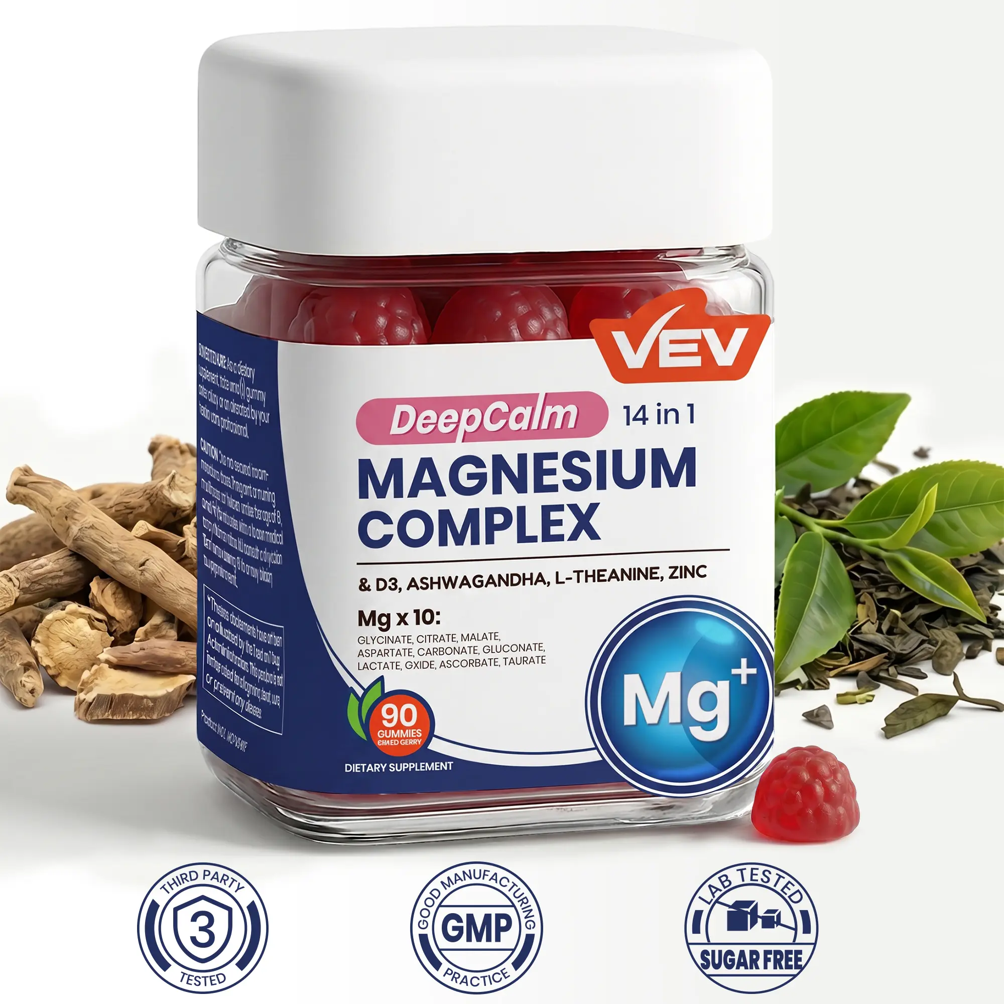 VEV Magnesium Gummies 90 Count, DeepCalm 14-in-1 Magnesium Complex with Ashwagandha, L-Theanine, D3 & Zinc