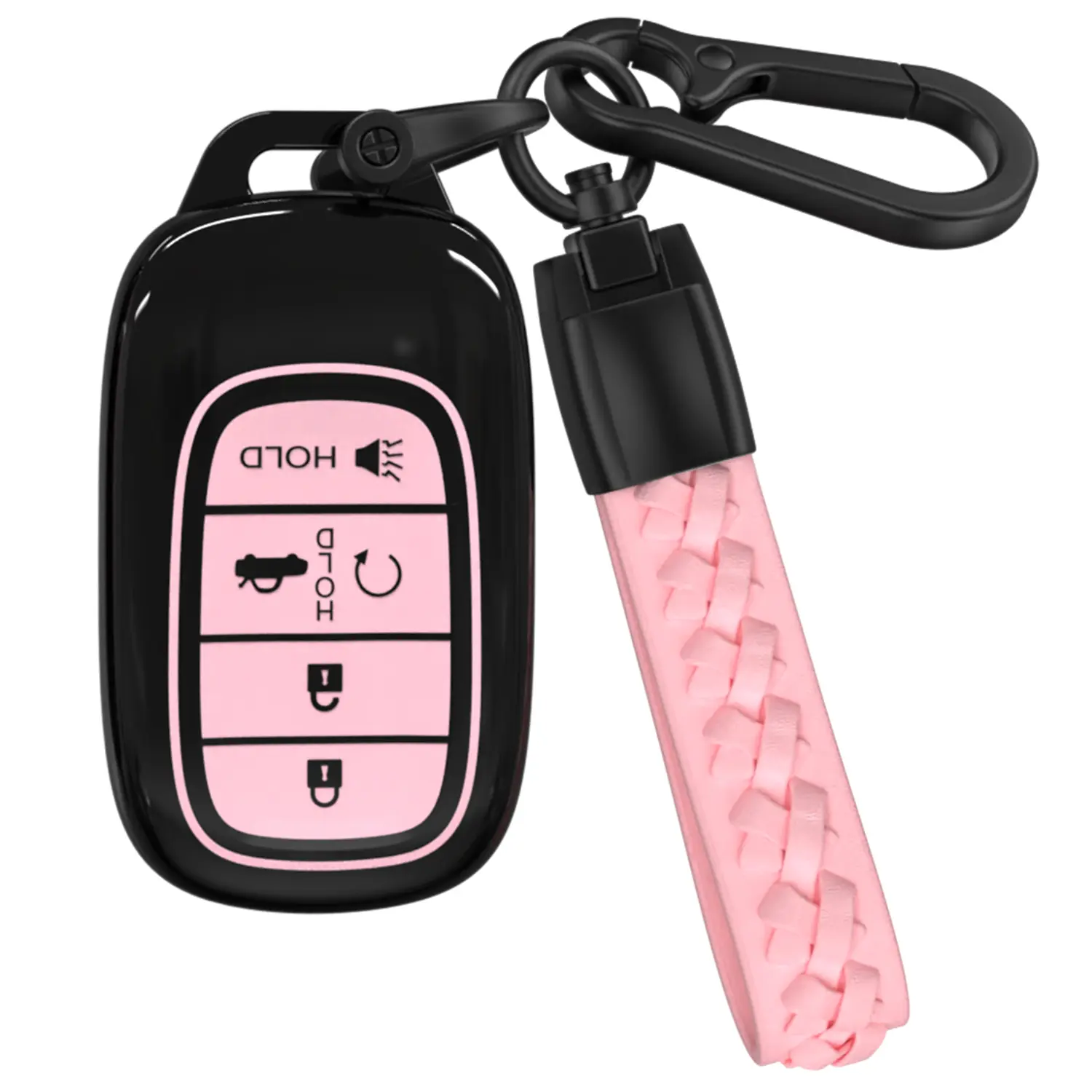 ACEBOY for Honda Key Fob Cover, TPU Cover with Leather Keychain Compatible with Accord Civic CRV Pilot HR-V Odyssey Fit Ridgeline Insight Pilot Acura MDX RDX Smart Key (Black/Pink, 5 Buttons)