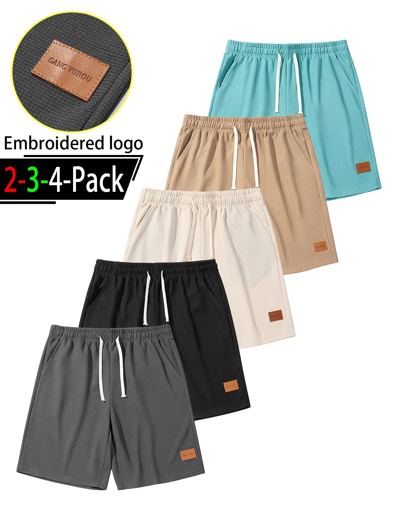 Mens 2 3 4 Pack Waffle Knit Shorts Elastic Drawstring Waist Casual Summer Shorts with Pockets Loose Fit Athletic Gym Lounge Beach Vacation Streetwear Textured Breathable Soft Lightweight Everyday Wear Patch Logo Detail Plus Size Comfort Fit Shorts for Men