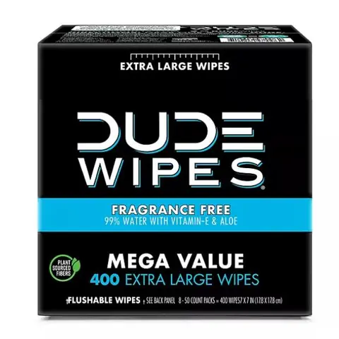 DUDE WIPES XL Flushable Wipes,Extra Large Fragrance Free Wipes 8 ct., 400 wipes Toilet Napkin