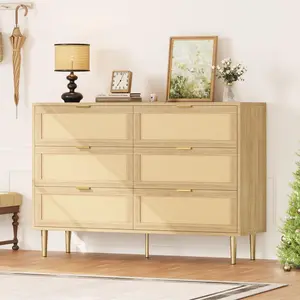 Yellow Rattan 6 Drawer Dresser Wide Modern Chest of Drawers with Gold Handles and Legs Wooden Storage Organizer for Bedroom Living Room Wood Color