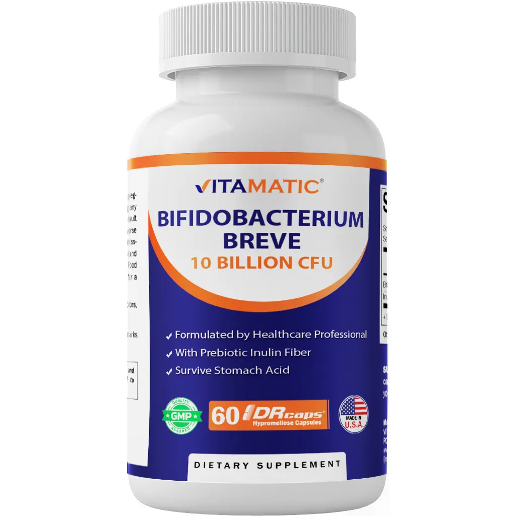 Vitamatic Bifidobacterium Breve Probiotics - 10B CFU per DR Capsule, 60 Capsules, US-Made, Sugar-Free, Lactose-Free, Unflavored, Prebiotic Inulin Fiber for Gut Support & Digestive Care