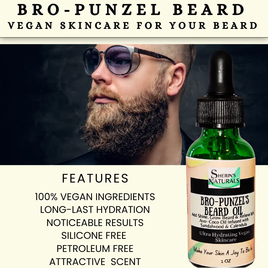 Sherin's Naturals Bro-Punzel Vegan Beard Oil & Conditioner with Sandalwood & Bergamot - Add Shine, Grow Bread & Soothe Skin & soften hair