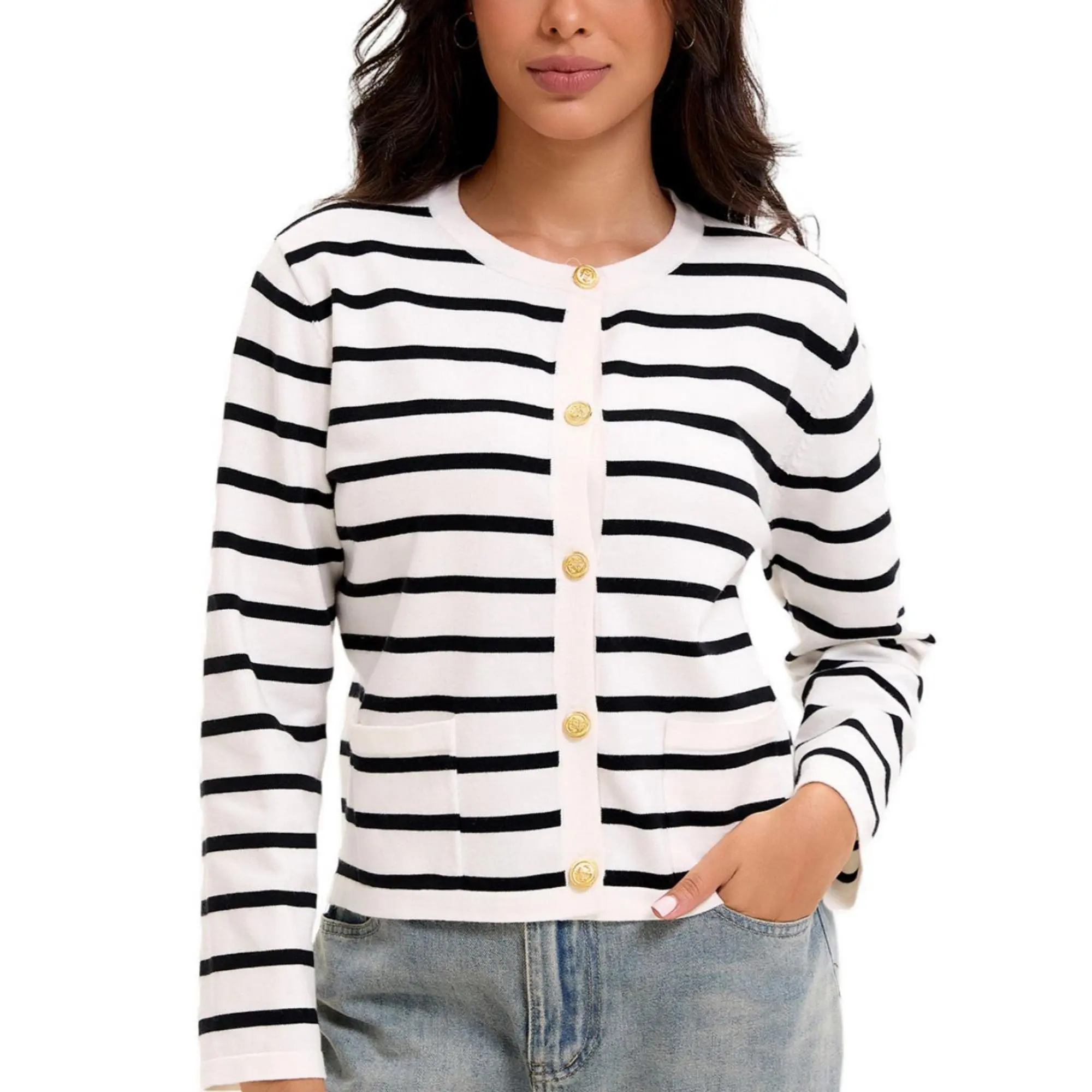 Women's Fashion Striped Knit Shacket - Long Sleeves, Soft, Lightweight, Button-Front, Work & Casual Fall Top, Pair with Jeans (Cardigan-Sweater Hybrid)