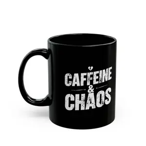 CAFFEINE & CHAOS Mug | Elder Emo Coffee Cup | Black Ceramic | 11 oz