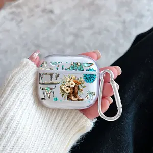 Western Charm Collage Pattern TPU Soft Protective Case for Apple AirPods 4/3/2/1/Pro/Pro2 Transparent Earphone Cover with Keychain Attachment