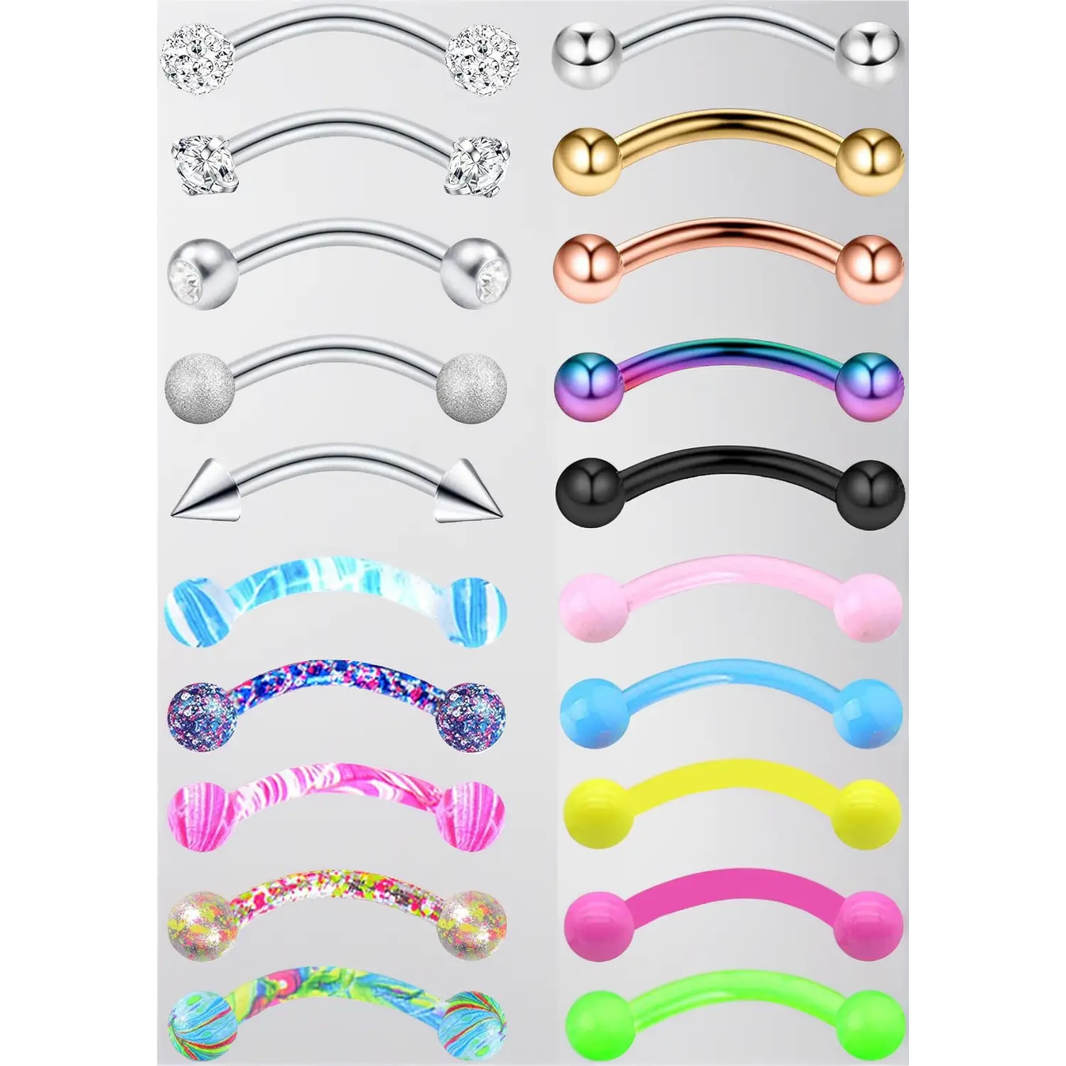 16G Implant-Grade Steel/Titanium Body Piercing Jewelry Assortment Kit (20-48 Pcs) - Curved Bars, Cartilage Piercing Jewelry for Eyebrow, Rook, Tragus, Lip Rings, 8-10mm Bars for Men & Women