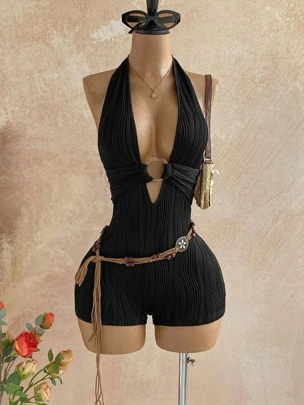 Women's Brown Sequin Leopard Print Jumpsuit | Deep V Neck Backless Glitter Knit Textured Romper With Sexy 70s Style | Summer Party Night Out Vacation Beach Holiday Festival Club Date Night Going Out Outfit For Women