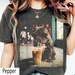 French Bulldog Iced Coffee Shirt, Funny Dog Coffee Lover Tee, Grunge Frenchie Graphic Shirt, Trendy Aesthetic Dog Tee, Comfort Colors Shirt