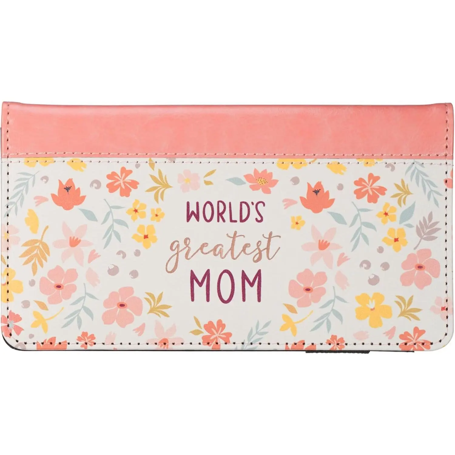 Checkbook Cover for Women, World's Greatest Mom Peach Floral Faux Leather Wallet with 3 Card Slots & Built-in Billfold Insert, Mother's Day Gift, Card Holder Attachment Women's Wallets, Id Card Holder