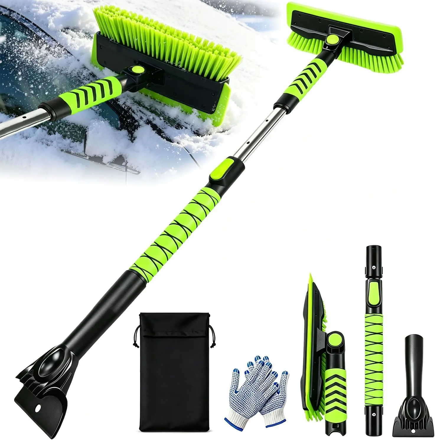 44" Snow Brush and Ice Scraper for Car, Soft TPR Squeegee&Extendable Handle 3-in-1 Winter Snow Removal Tool with Wide Brush Head, Paint-Safe TPR Squeegee and Ice Scraper for Cars, SUVs & Trucks