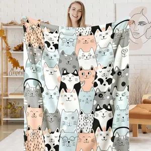 Cute Cartoon Cat Flannel Throw Blanket, Kawaii Kitty Faces Soft Cozy Warm Blanket, Gift for Her Cat Lovers, Nap Blanket for Bedroom Living Room Sofa, Birthday Gift, Adorable Home Decor
