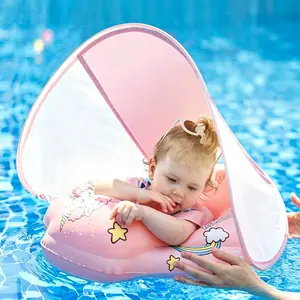 Baby Swimming Float with Safety Seat & Canopy, UPF50+ UV Protection Water Sports Equipment for 3-36 Months (S:3-12 M/L:6-36 M) inflatable swim ring