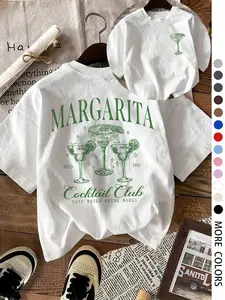 Women's Margarita Print Round Neck Tee, Casual Short Sleeve Crew Neck T-shirt for Daily Wear, Ladies Sleepwear for All Seasons, Top
