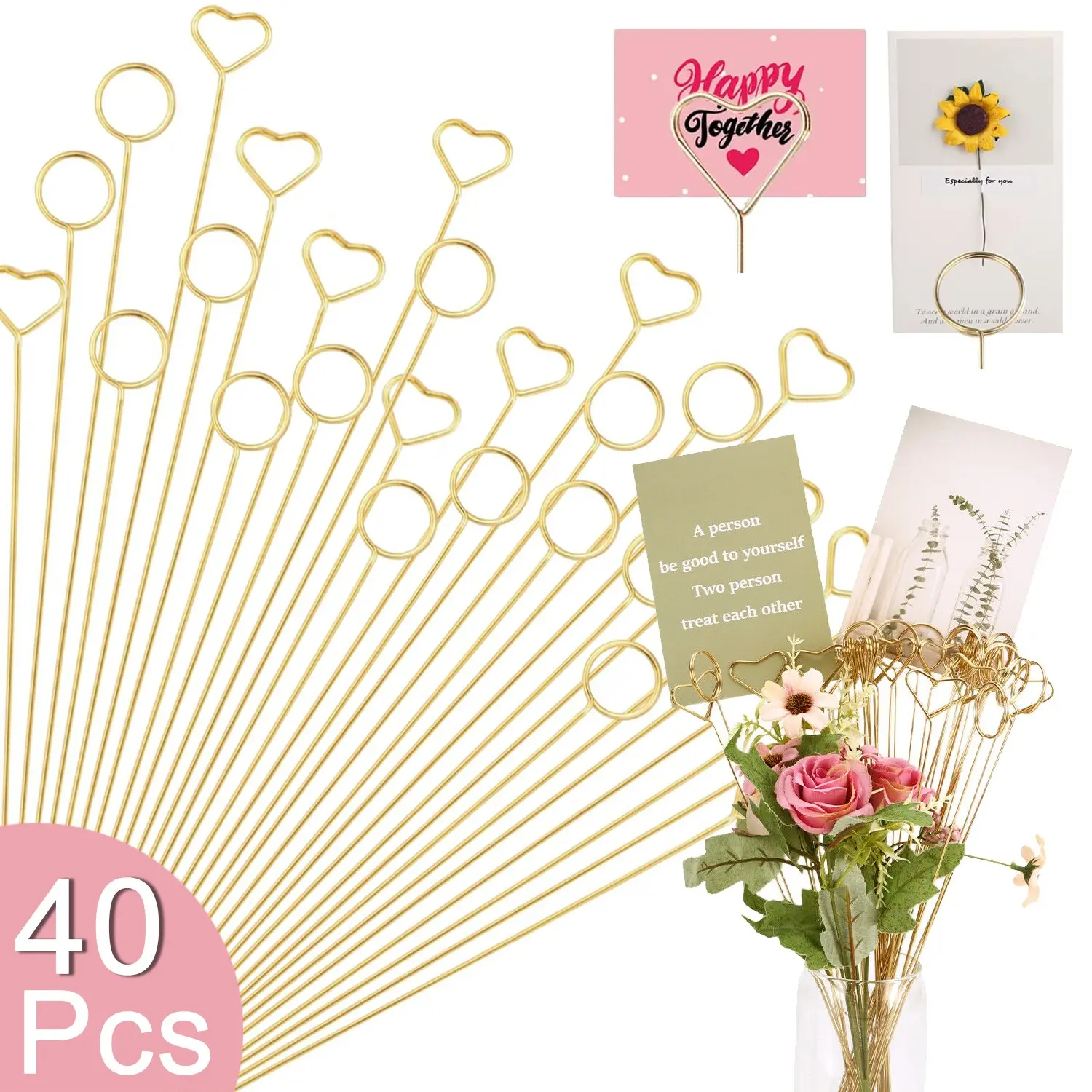 40Pcs Floral Card Holder Picks-Wire Place Card Holder for Wedding-Metal Photo Picture Clip Holder-Table Name Number Holder,Memo Note Holder for Flower Arrangement,Wedding,Party,Decorations,Bouquet Card Holder, Card Organizer, Decorative Organizer