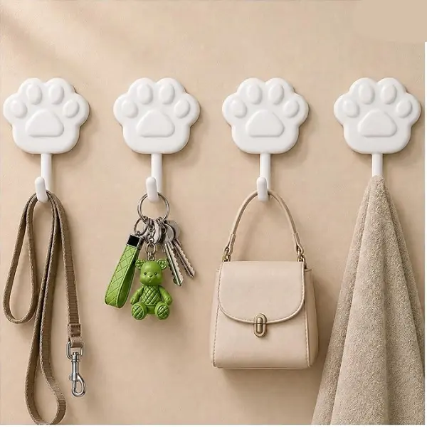 Cute Paw Self Adhesive Wall Hooks, Decorative Wall Hooks for Hanging Keys, Dog Leashes, Towels & Bags, Small White Stick On Hooks, No Drill No Damage Hooks for Bathroom, Kitchen, Entryway, Closet & Home Organization