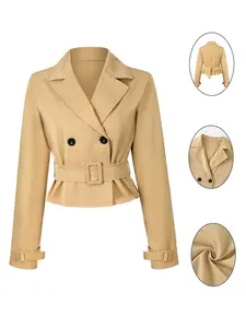 Short Double-Breasted Trench Coat for Women, Belted Waist Jacket with Roll Collar, Elegant Casual Office Wear for All Seasons