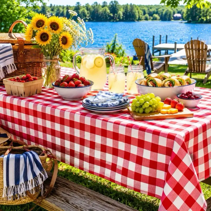 Red White Gingham Tablecloth, Farmhouse Style Cover for Outdoor Picnic, BBQ & Summer Decor