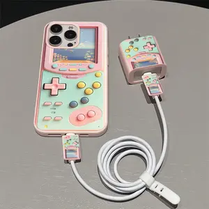 5 Piece Set Colorful Game Console Phone Case, Charger Head Cover, Cable Protector, Storage Rope, Anti-Drop Tpu Case for iPhone Accessories