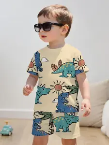 Adorable Little Boy Dinosaur Set, Cartoon Graffiti Print, Wear Jurassic Park, Casual Fitted Long Top, No Zipper, All over Print
