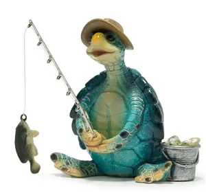 Sea Turtle Fishing Figurines Decoration Summer Turtle Crafts for Home Office Desk Decor Statue for Tabletop Shelf Decoration Ornament Gifts Decor for Beach Place