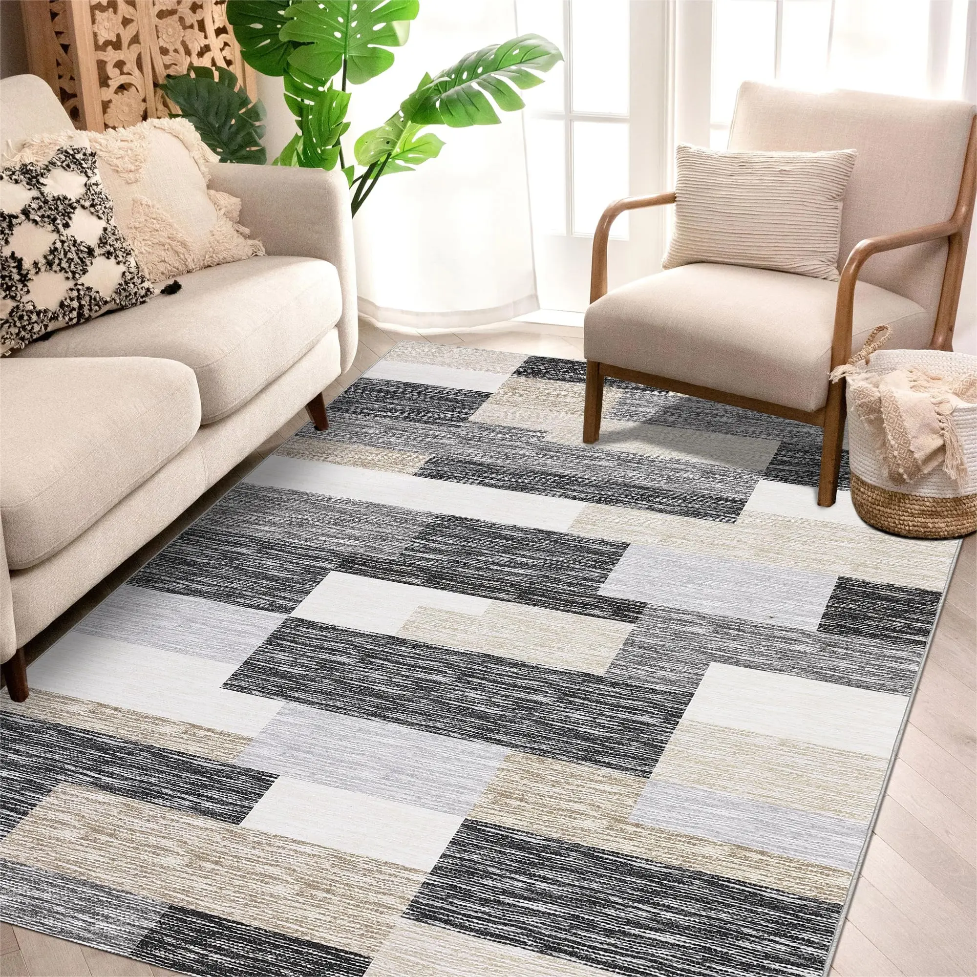 GARVEE Modern 5x7 Area Rug with Geometric Patchwork Design, Non-Slip Backing, Washable Low Pile Indoor Carpet, Foldable Contemporary Accent Throw Rug for Bedroom and Living Room in Gray and Camel