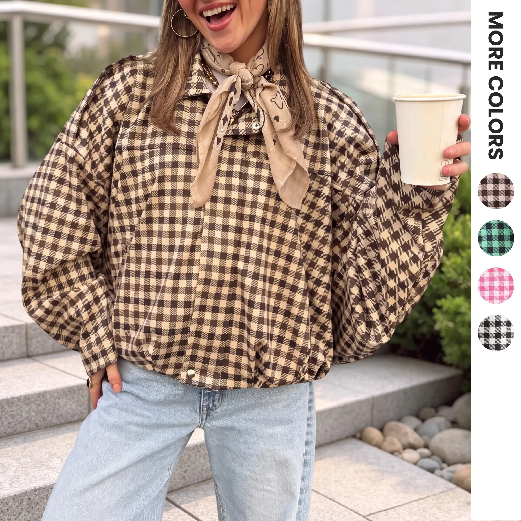 Aswulk Women Gingham Zip Shacket, Lapel Collar Drawstring Hem Cropped Jacket With Pockets,Long Sleeve Vacation Shirt Jacket