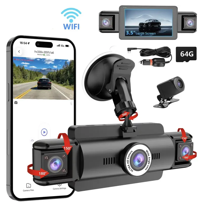 [Buy 1 Get 1 Car Charger Free] WHATOOK 4-Channel 360° Dashcam with 64GB SD Card, 4K/1080P Ultra/Full HD Video Recording, Night Vision, Parking Mode for Front, Rear, Left, Right Lenses, Car Cameras, Wi-Fi