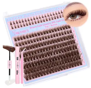 Yawamica Brown Lash Clusters Kit Fluffier Wispy Eyelash Extension Kit with Bottom Lashes 40D Volume Eyelash Clusters 10-16mm Individual Lashes with Brown Bond and Seal and Tweezers DIY Lash