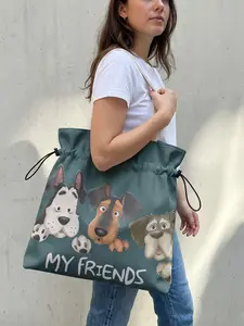 Dog Pattern 2D Printed Drawstring Tote Bag, Large Capacity Shopping Bag, Durable and Wear-Resistant, Random Print, Casual Style