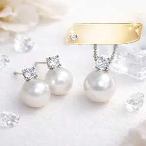 14mm Princess Diana Inspired Pearl Jewelry Set | Diamond Pendant Necklace & Pearl Stud Earrings | Elegant Wedding Gift for Women outdoorfun