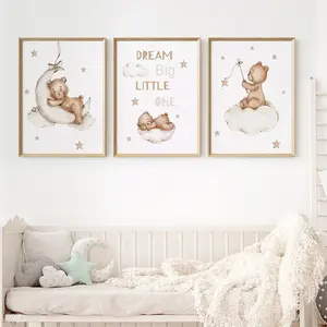 3 Pieces Bear Moon Star Hanging Painting Sweet Dream Canvas Print Unframed Art Print Cloud Sleep Wall Art Boy Girl Bedroom Posters Kids' Room Decor No Frame