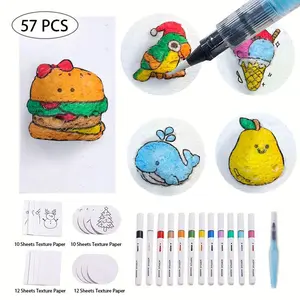 57 Piece Magic Foam Texture Painting Set, Creative 3D Stereo Style, Includes 44 Textured Papers, 12 Color Acrylic Brushes, DIY Crafts