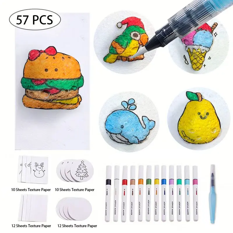 57 Piece Magic Foam Texture Painting Set, Hand Painting Set, Creative 3D Stereo Style, Includes 44 Textured Papers, 12 Color Acrylic Brushes, DIY Crafts, Creative Craft Kit