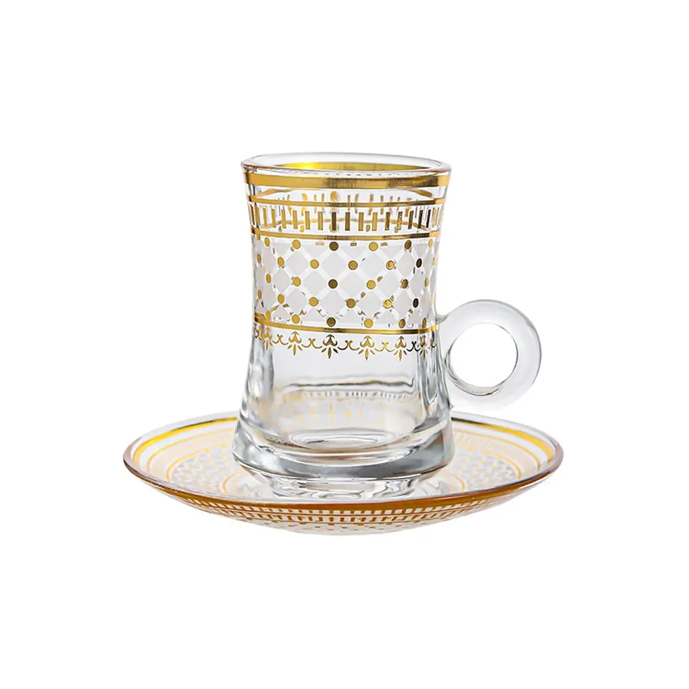 3.5in High Vintage Tea Glasses Cups and Saucers Set Glassware Teacups for Party Adults Arabic Fancy Decorative Serving Persian Kitchen Women Style Gift Drinking Luxury Gold Drinkware Glass