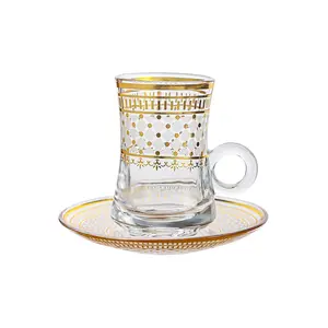 3.5in High Vintage Tea Glasses Cups and Saucers Set Glassware Teacups for Party Adults Arabic Fancy Decorative Serving Persian Kitchen Women Style Gift Drinking Luxury Gold Drinkware Glass