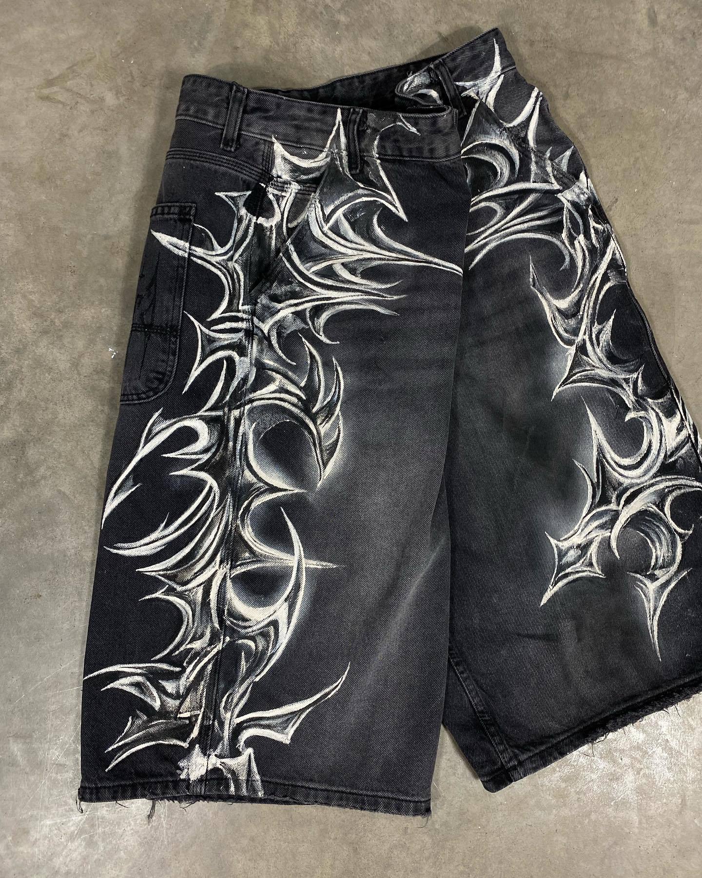 Noctra Retro Gothic Printed Denim Shorts