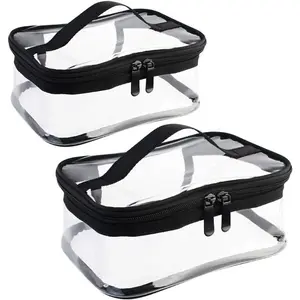 2 Pack Portable Clear Makeup Bag Zipper Waterproof Cosmetics Bag Transparent Travel Storage Carry Pouch PVC Zippered Toiletry Bag Organizers With Handle for Vacation Travel, Bathroom