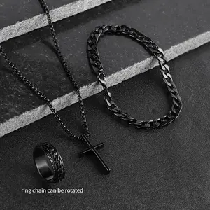 Men's Stainless Steel Cross Pendant Necklace Bracelet & Ring Set Elegant Fashionable Jewelry Gift for Holidays Durable Cohesive Ensemble