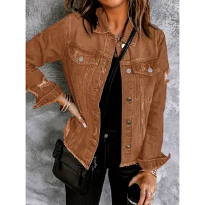 Light Blue Women's Distressed Denim Jacket - Casual Ripped Washed Button-Up with Pockets, Classic Boyfriend Style Long Sleeve Outerwear for Spring/Fall, Stylish Layering Piece | Turndown Collar | Frayed Sleeve Edges