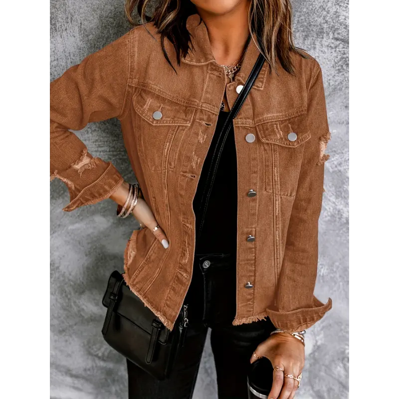 Light Blue Women's Distressed Denim Jacket - Casual Ripped Washed Button-Up with Pockets, Classic Boyfriend Style Long Sleeve Outerwear for Spring/Fall, Stylish Layering Piece | Turndown Collar | Frayed Sleeve Edges
