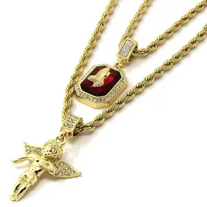 Golden Angel & Pendant Bundle Set Cz Pendant Hip Hop Rope Chain Men's And Women's Necklaces