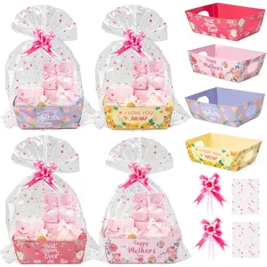 OSNIE Mother's Day Empty Gift Baskets Kit- 24 Sets Happy Mother's Day Basket for Gifts Empty with Pink Heart Cellophane Bags and Ribbons Bows for Women Fes