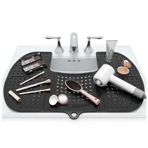 Sink Topper Foldable Sink Cover - Silicone Beauty Makeup Brush Cleaning Mat - Vanity Tools Organizer - Bathroom Must Have Accessory for Extra Space & Storage Saver - Cleaner Pad - Large, Black