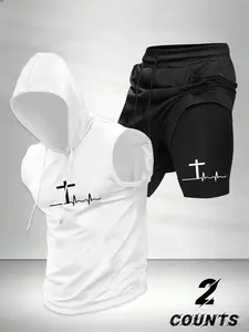 Men's Fashion 2-Piece Set, Sportswear Set, Ecg Cross Print Hooded Sleeveless Vest Top and Drawstring Waist Basketball Shorts, Summer Outdoor Sports Wear